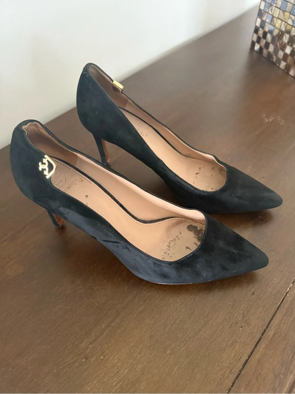 Tory Burch Black Suede Pointed Toe Heel Pumps with Gold Logo